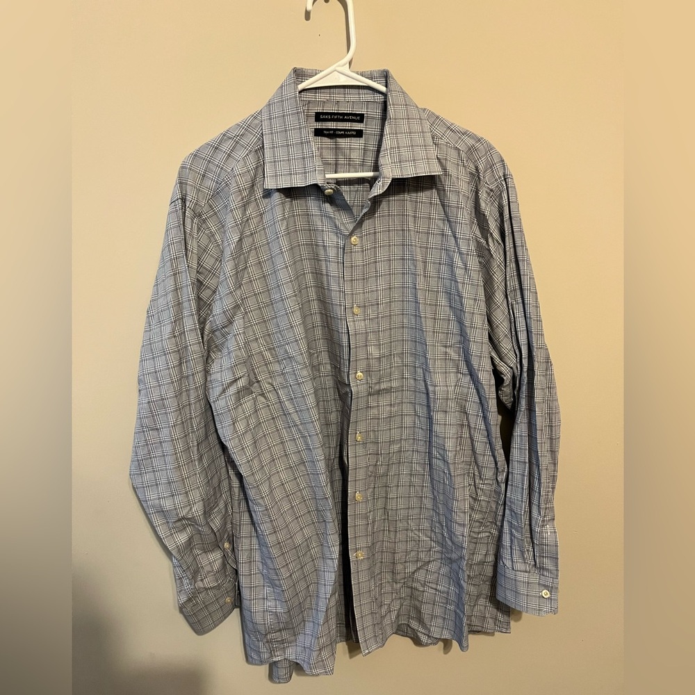 Saks Fifth Avenue Mens Shirt 17.5 Plaid Long Sleeve 100% Cotton Button Up